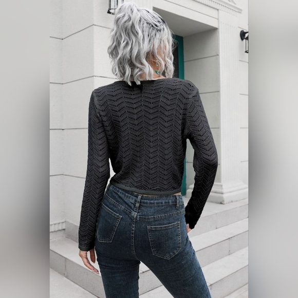 Drawstring V-Neck Long Sleeve Knit Top - Picture 2 of 5